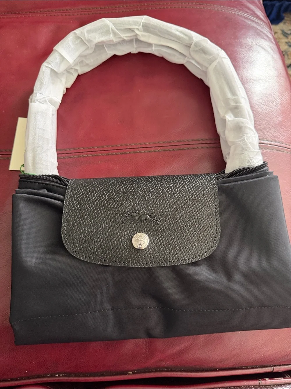 Longchamp Medium Black Nylon Le Pliage Tote with Green Trim